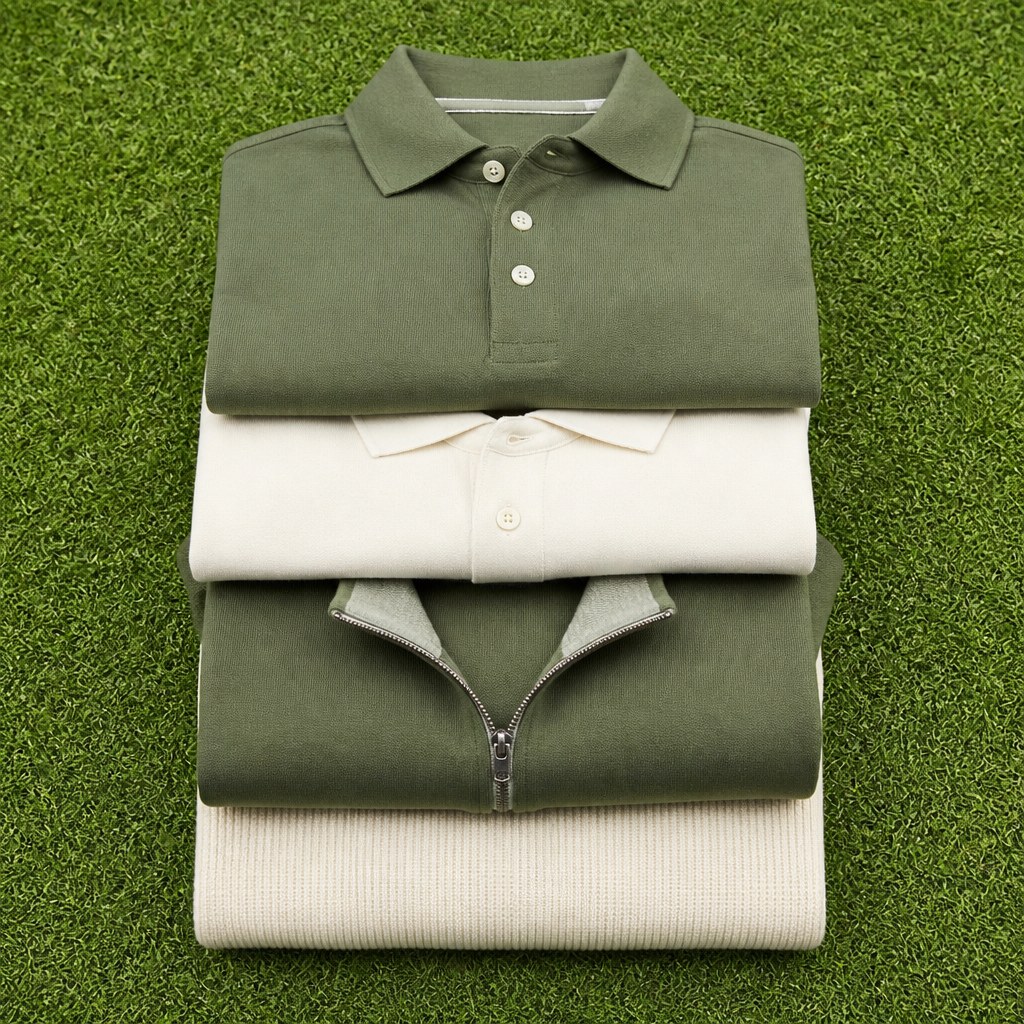 Folded branded sweatshirts and tees on grass