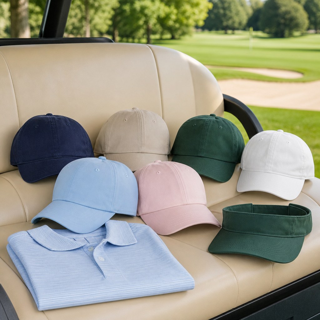 Branded caps and folded shirts on a golf cart seat