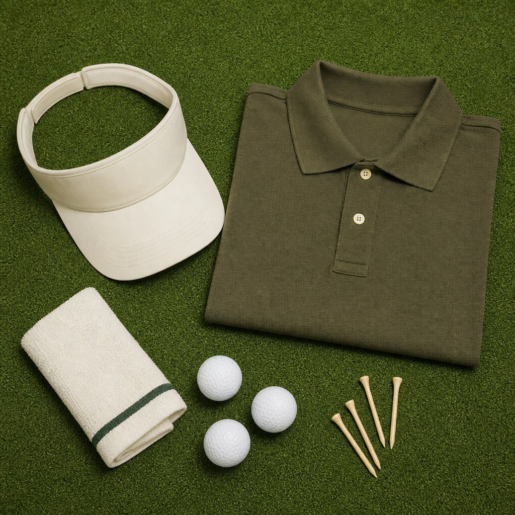 A branded visor, polo and golf balls laid out